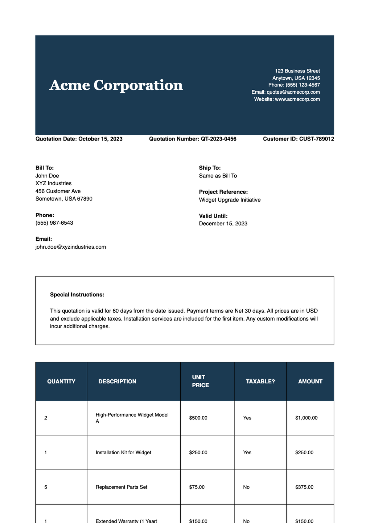 Professional quotation form with blue header and tax calculation_variant_1